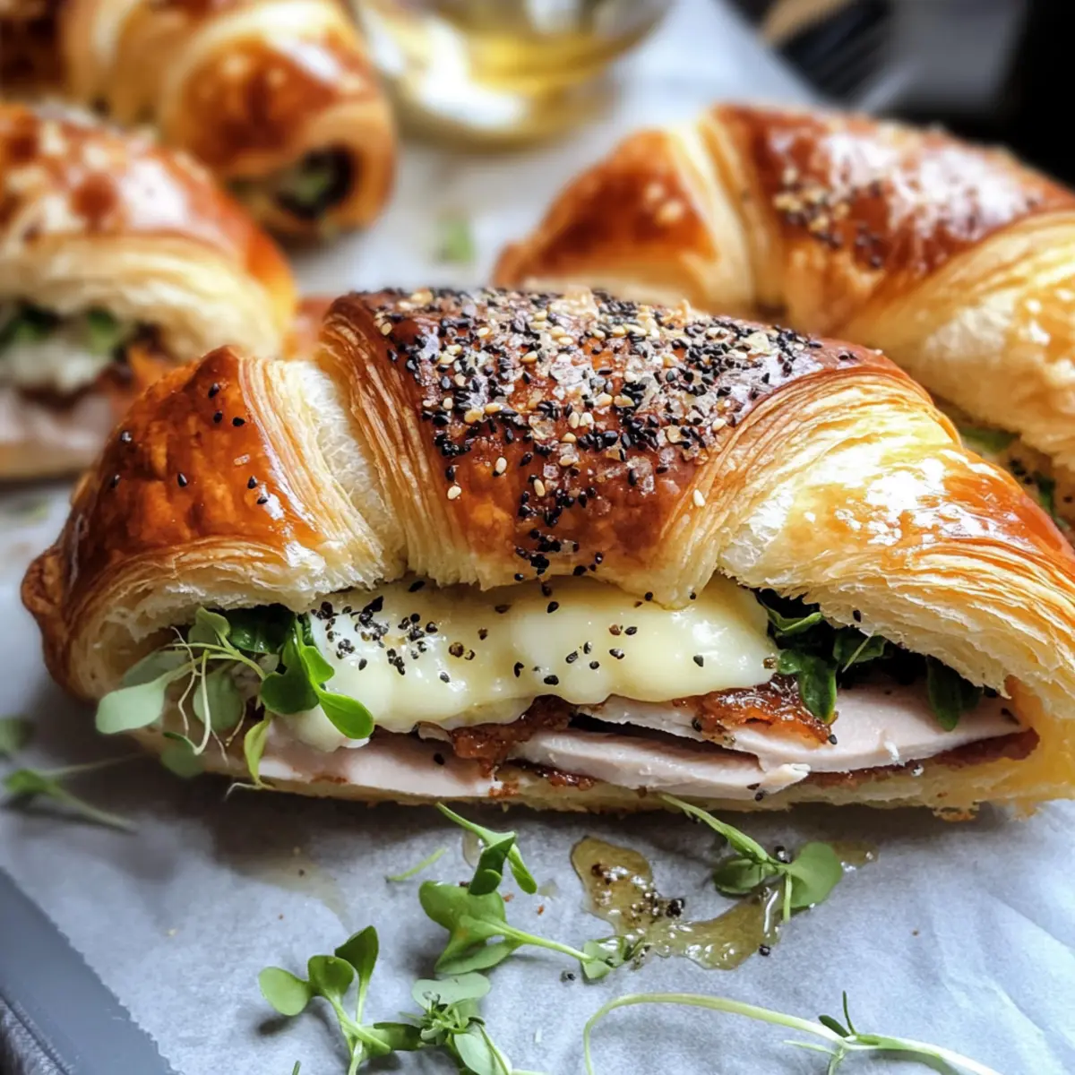 Croissants au beurre à l'ail cuits au four avec dinde et Harvarti