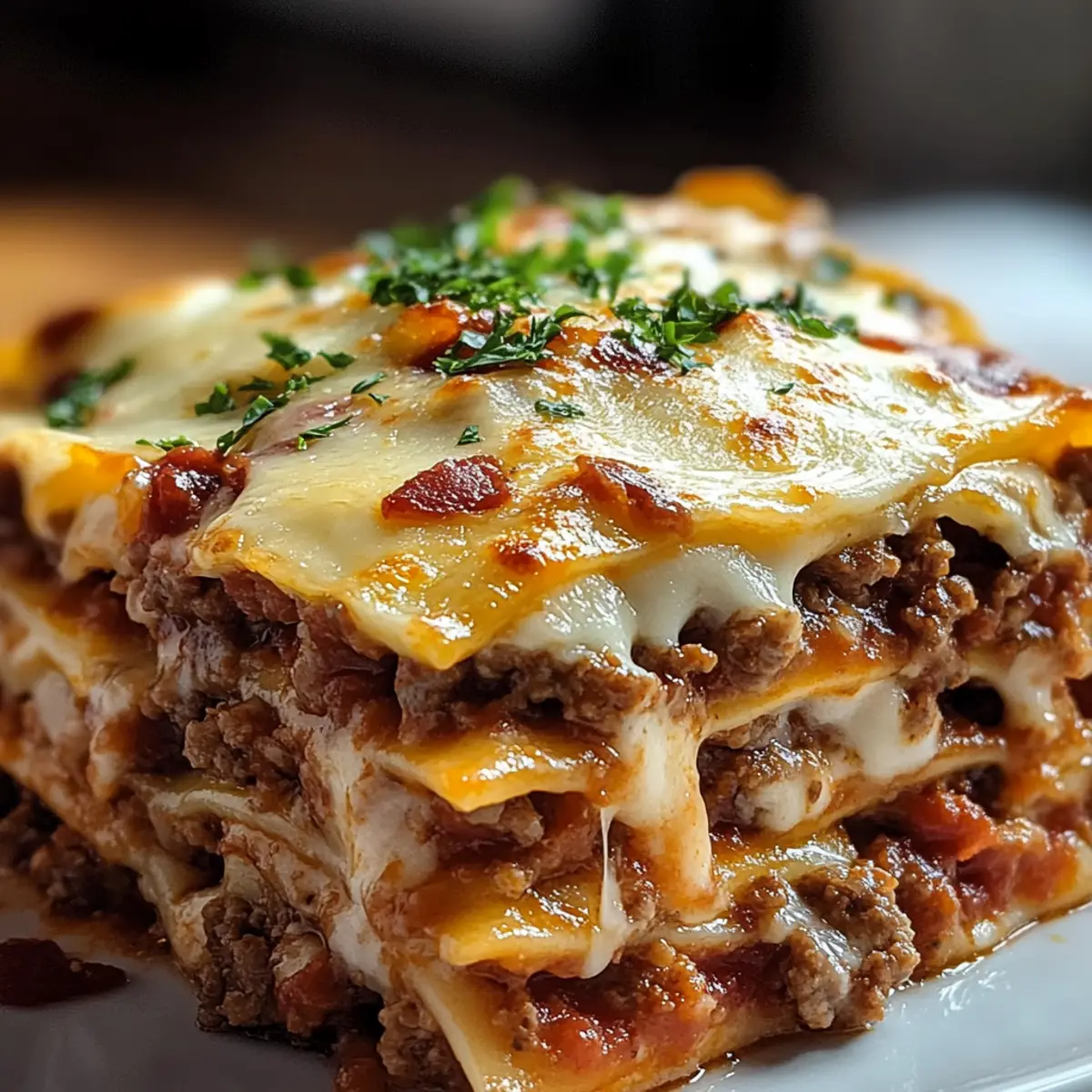 Délice de lasagne au bœuf, bacon et fromage à l'ail